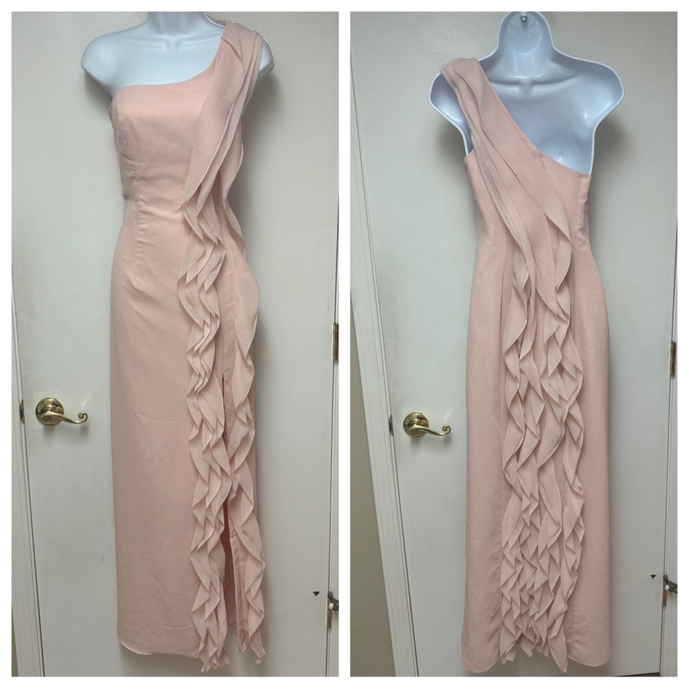 White by Vera Wang | One Shoulder Chiffon Maxi Bridesmaid Dress - Lt. Pink